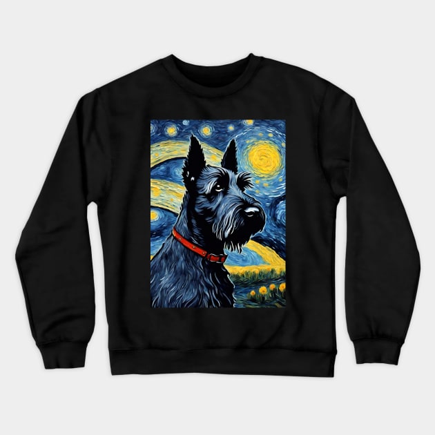 Cute Scottish Terrier Dog Breed Painting in a Van Gogh Starry Night Art Style Crewneck Sweatshirt by Art-Jiyuu